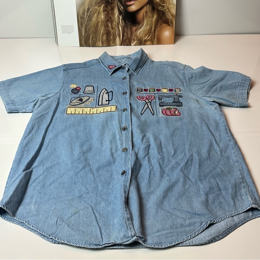 Vintage Embroidered Denim Shirt | Button-Down Sewing Motif ·Christopher & Banks - Picture 2 of 10